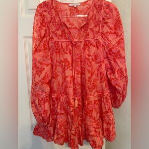 Olivaceous Coral and Pink Floral Tiered Baby Doll Dress M